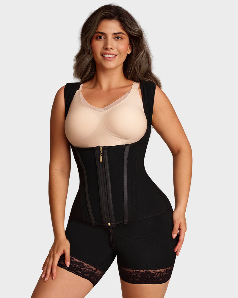 Open-bust shaping bodysuit with zip over hooks