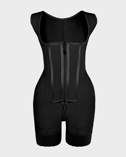 Open-bust shaping bodysuit with zip over hooks