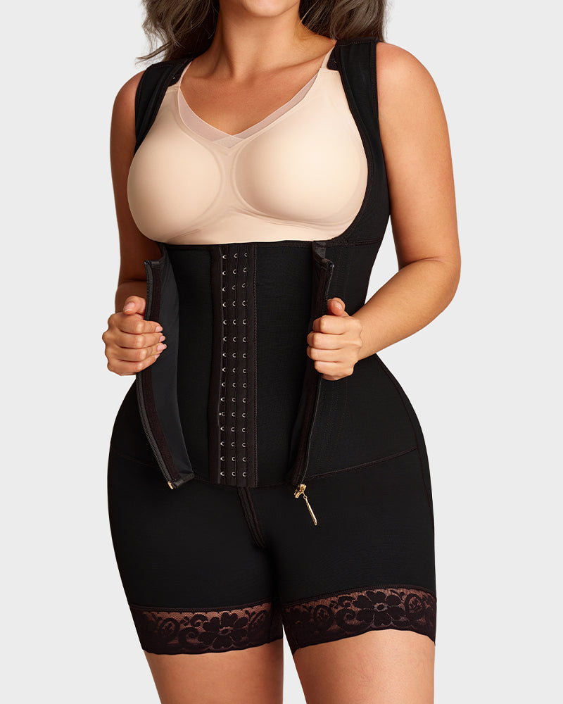 Open-bust shaping bodysuit with zip over hooks