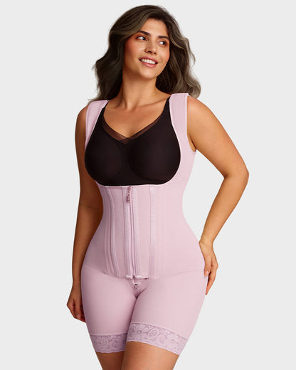 Open-bust shaping bodysuit with zip over hooks