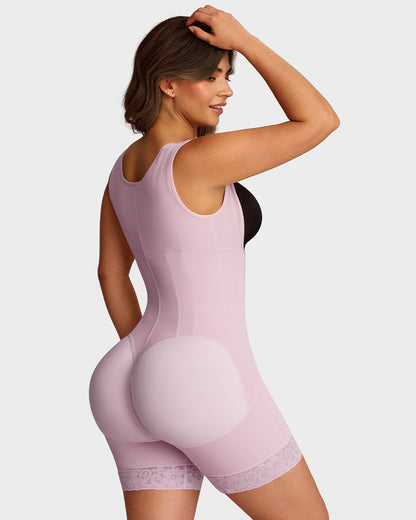 Open-bust shaping bodysuit with zip over hooks