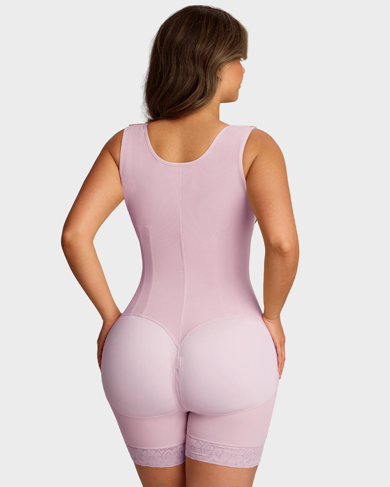Open-bust shaping bodysuit with zip over hooks