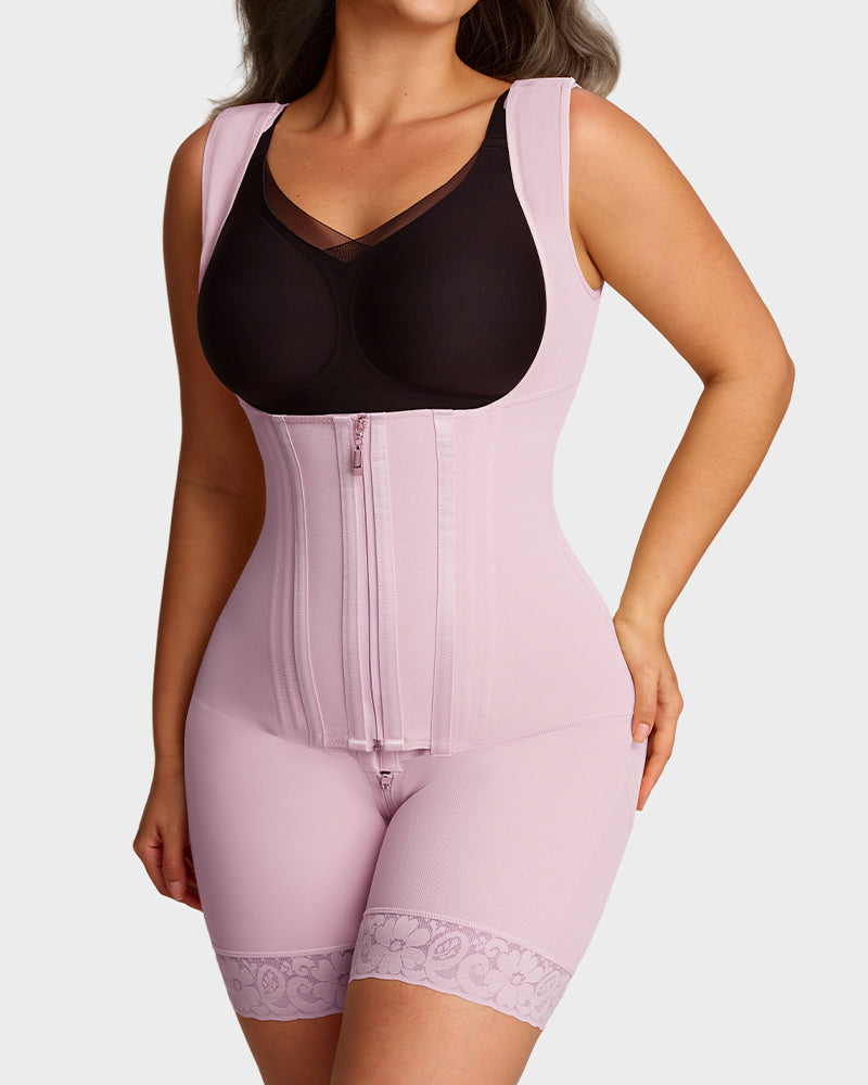 Open-bust shaping bodysuit with zip over hooks