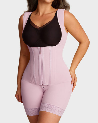 Open-bust shaping bodysuit with zip over hooks