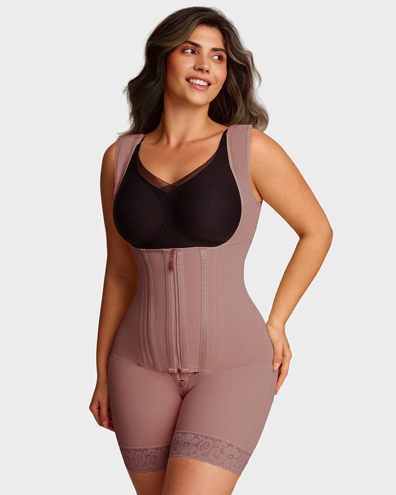 Open-bust shaping bodysuit with zip over hooks