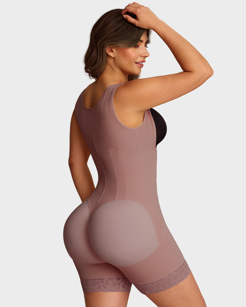 Open-bust shaping bodysuit with zip over hooks