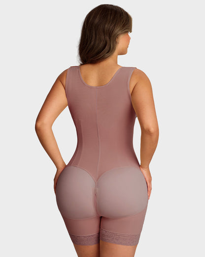 Open-bust shaping bodysuit with zip over hooks