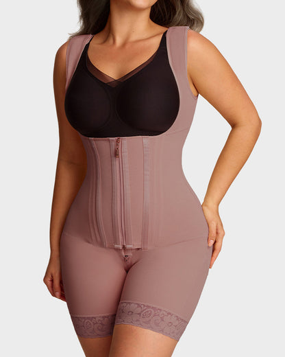 Open-bust shaping bodysuit with zip over hooks