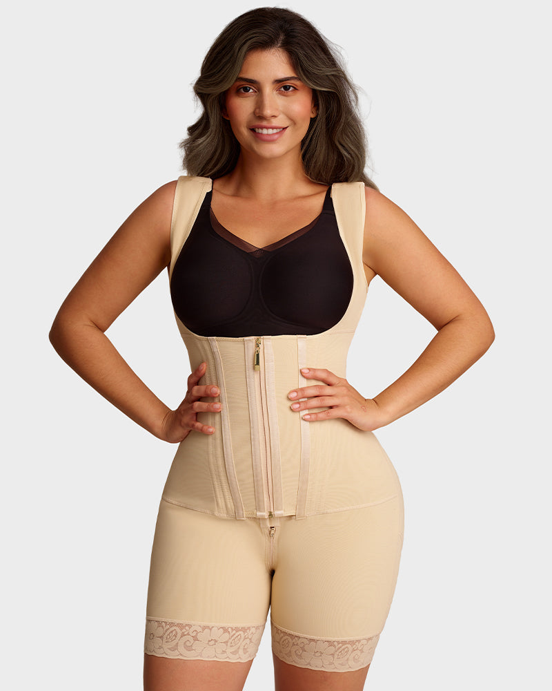 Open-bust shaping bodysuit with zip over hooks