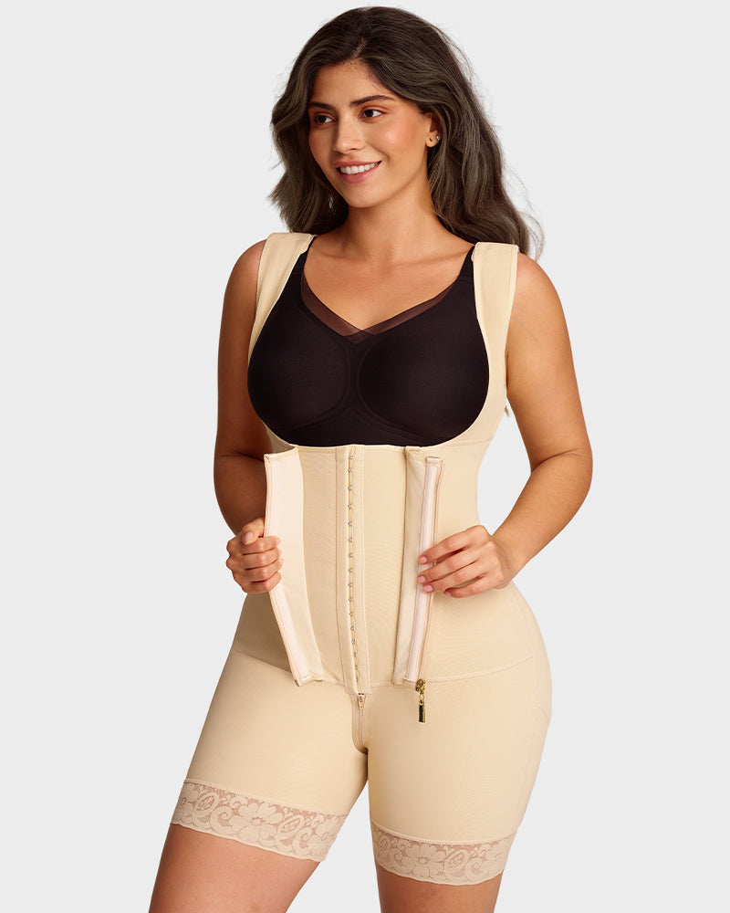 Open-bust shaping bodysuit with zip over hooks