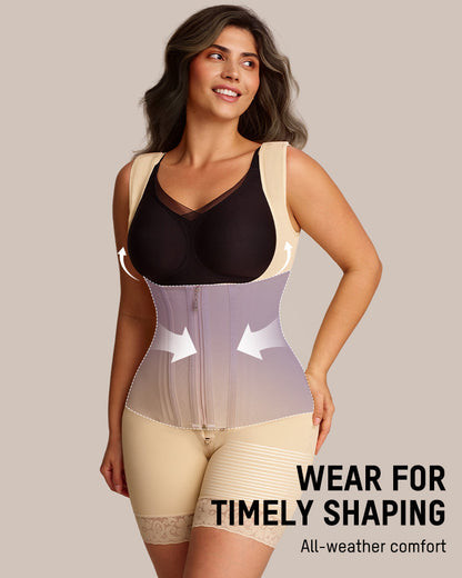 Open-bust shaping bodysuit with zip over hooks