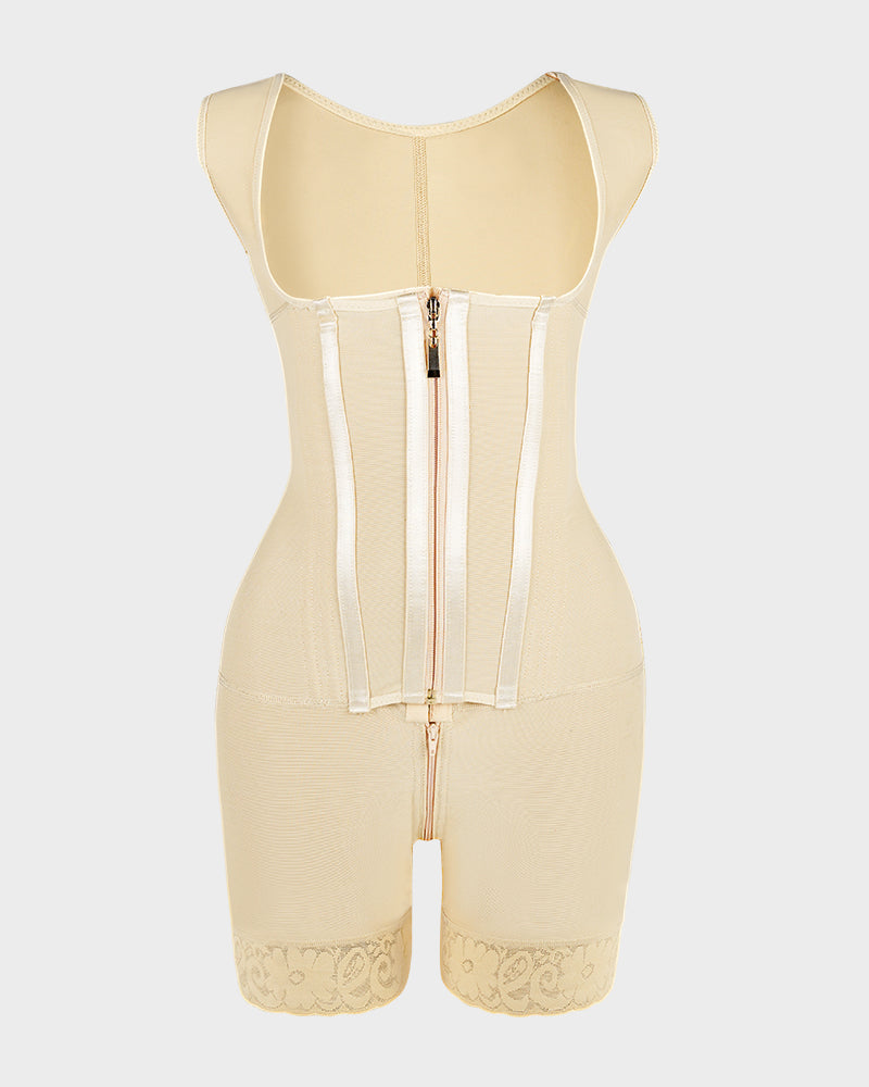 Open-bust shaping bodysuit with zip over hooks