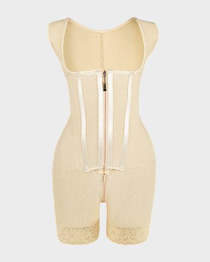Open-bust shaping bodysuit with zip over hooks