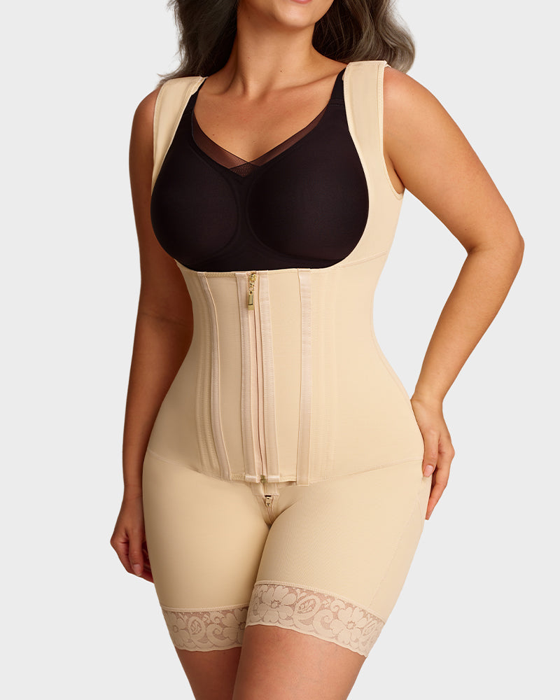 Open-bust shaping bodysuit with zip over hooks