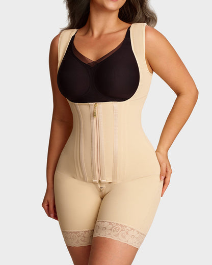 Open-bust shaping bodysuit with zip over hooks