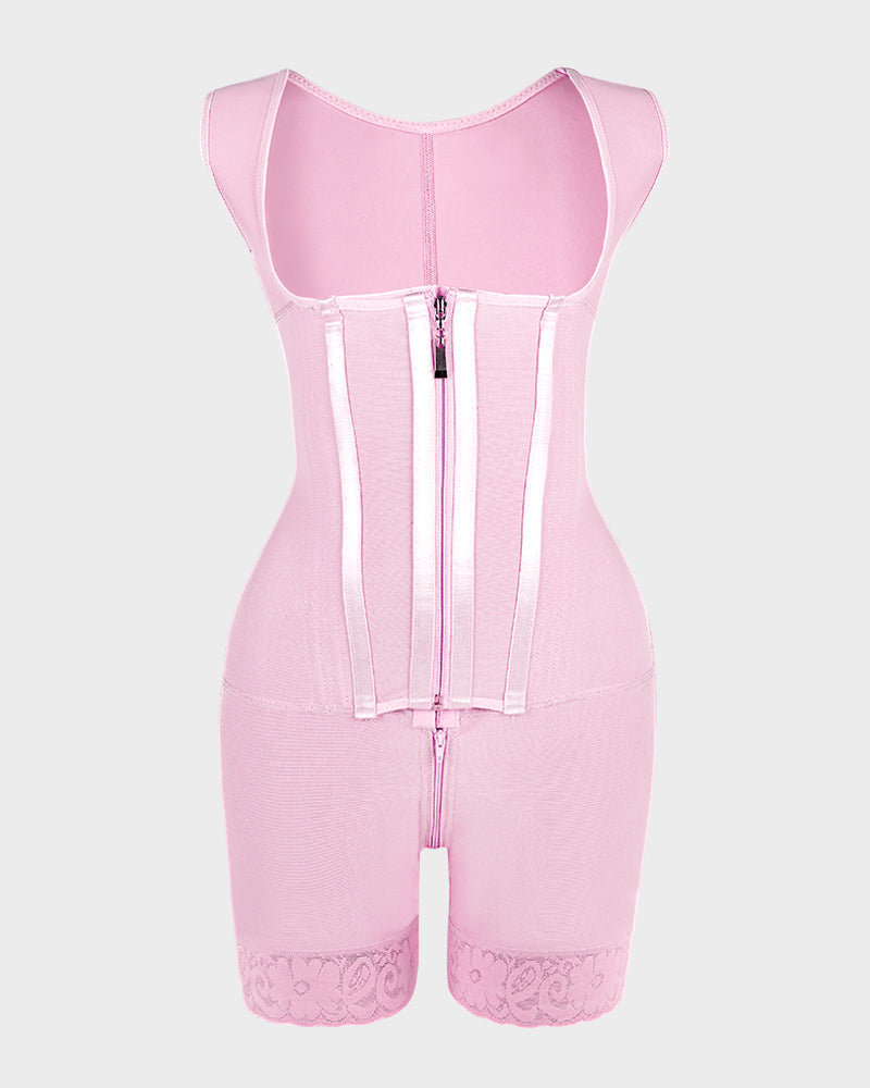 Open-bust shaping bodysuit with zip over hooks