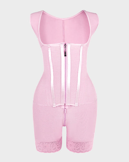Open-bust shaping bodysuit with zip over hooks