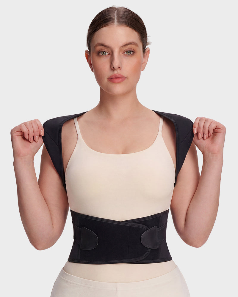Back and shoulder posture support brace in black
