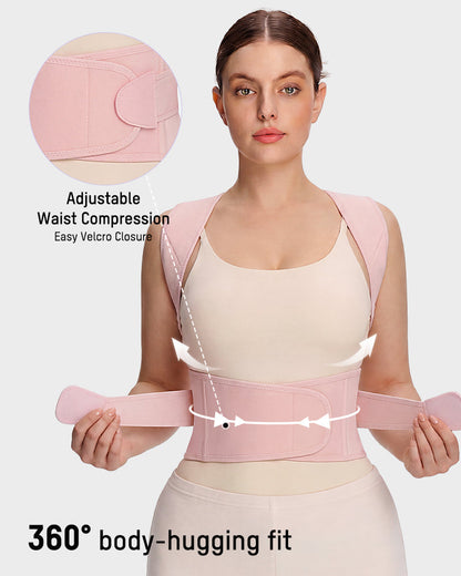 Back and shoulder posture support brace in pink, close-up detail