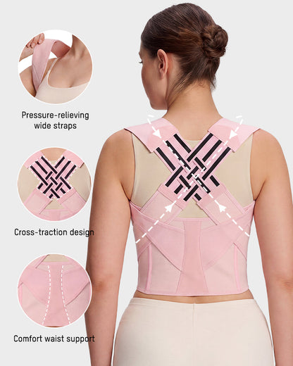 Back and shoulder posture support brace in pink, close-up detail