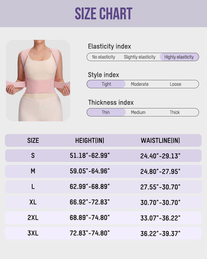 Size chart for the back and shoulder posture support brace
