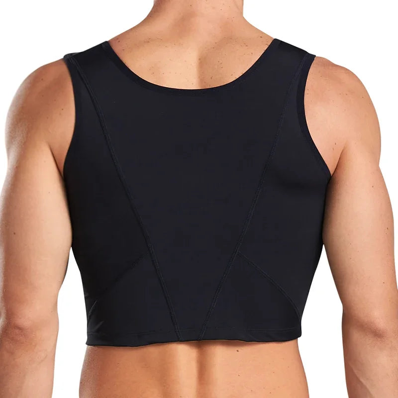 Black chest compression vest, plain back view