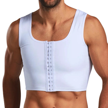 White cropped chest compression vest worn, front view