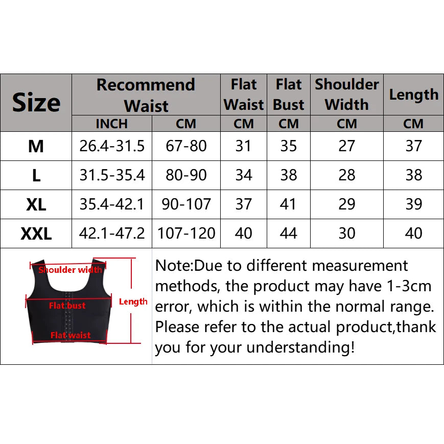 Size chart for the chest compression vest, sizes M to XXL