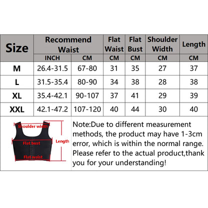Size chart for the chest compression vest, sizes M to XXL
