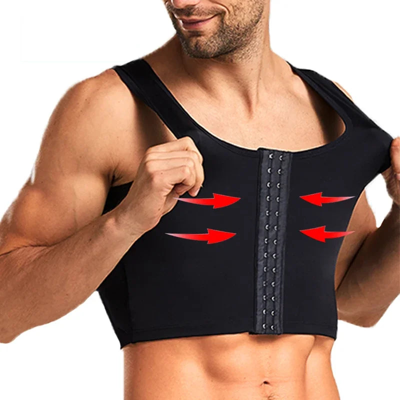 Fastening the front hooks on the black chest compression vest