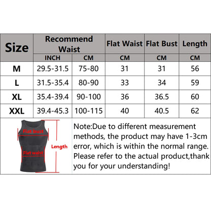 Size chart for the ribbed compression vest
