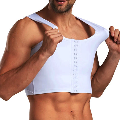 White chest compression vest being put on over the shoulders