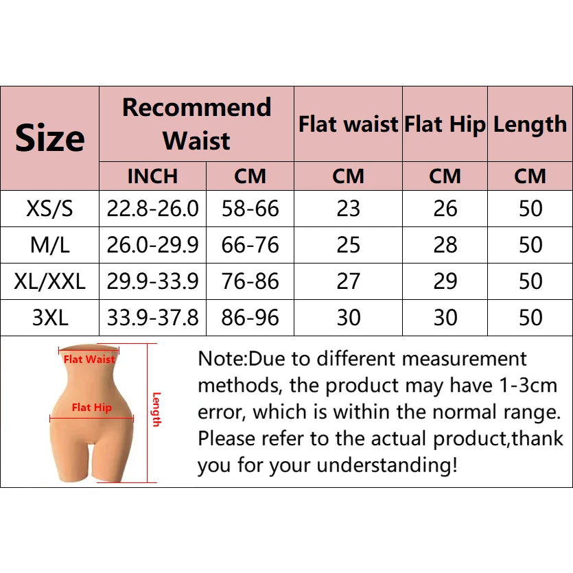 Size chart for the shapewear shorts with waist, flat hip and length measurements