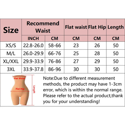 Size chart for the shapewear shorts with waist, flat hip and length measurements