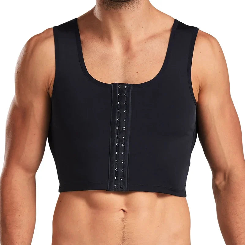 Black cropped chest compression vest worn, front view