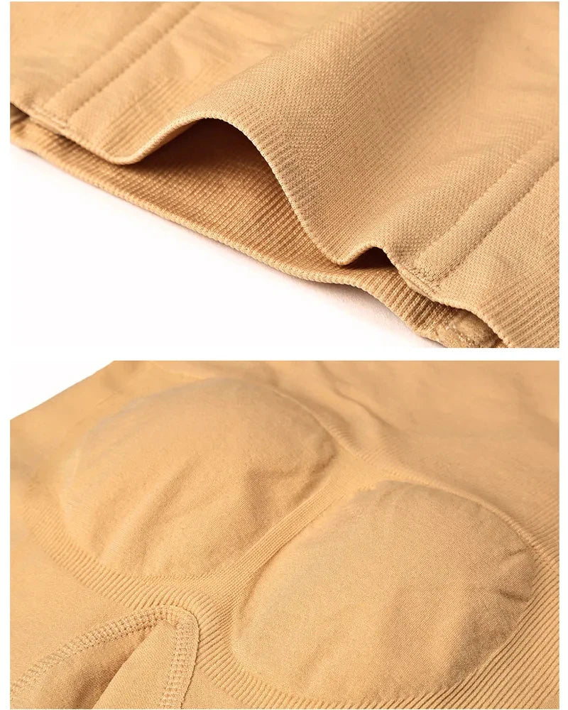 Close up of the fabric and shaped back panel on nude shapewear shorts