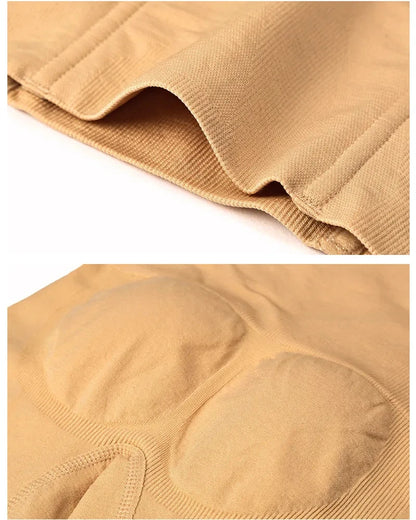 Close up of the fabric and shaped back panel on nude shapewear shorts