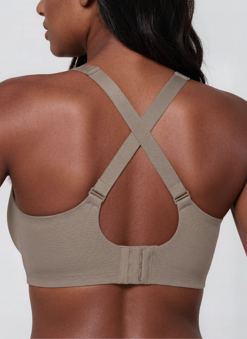 Scalloped wireless bra, back view showing the strap options