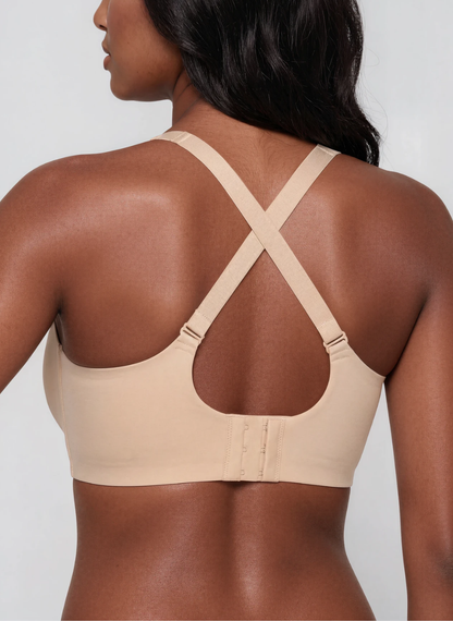Scalloped wireless bra, back view showing the strap options