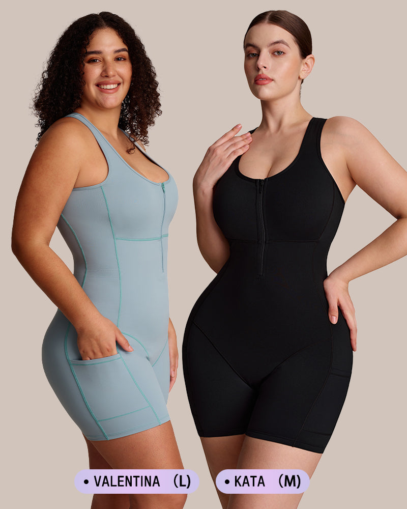 Workout romper with built-in bra and pockets