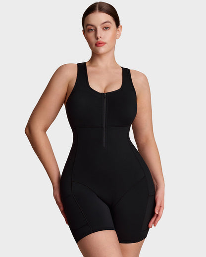 Workout romper with built-in bra and pockets