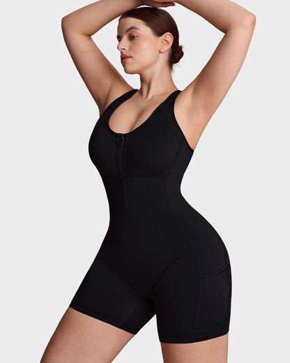 Workout romper with built-in bra and pockets