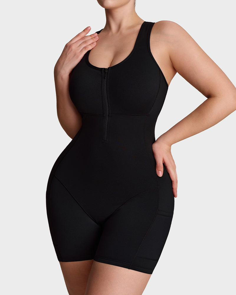 Workout romper with built-in bra and pockets