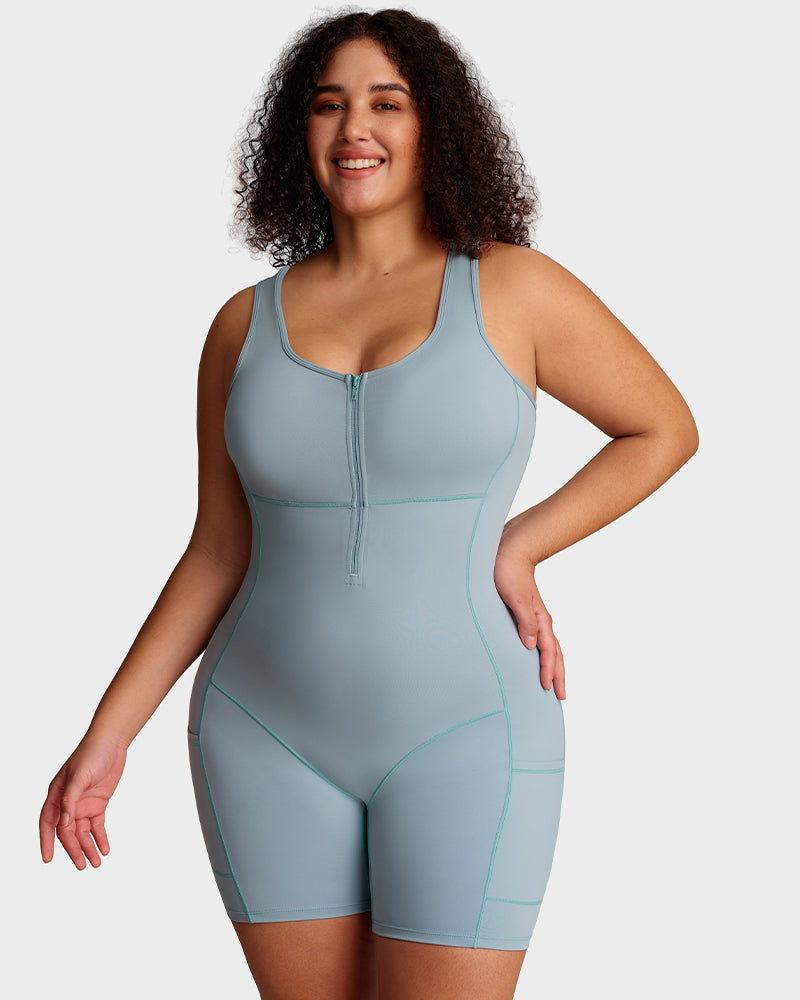 Workout romper with built-in bra and pockets
