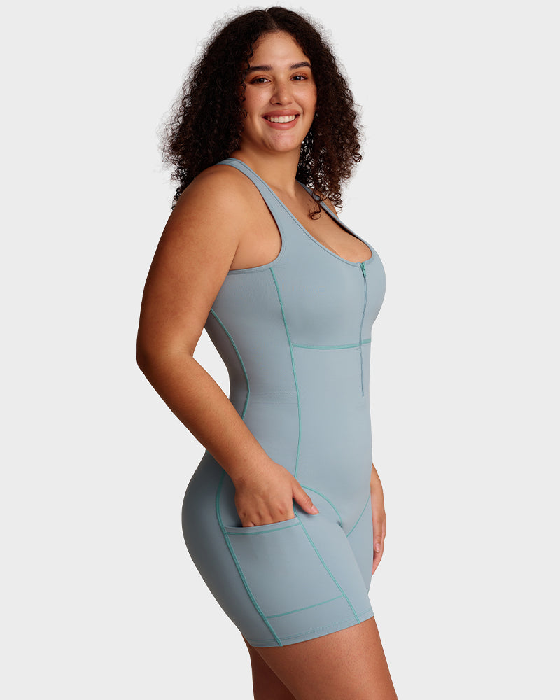 Workout romper with built-in bra and pockets