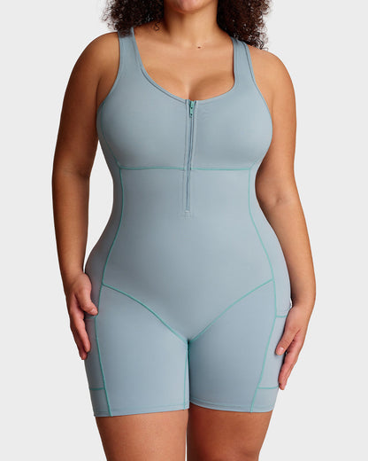 Workout romper with built-in bra and pockets
