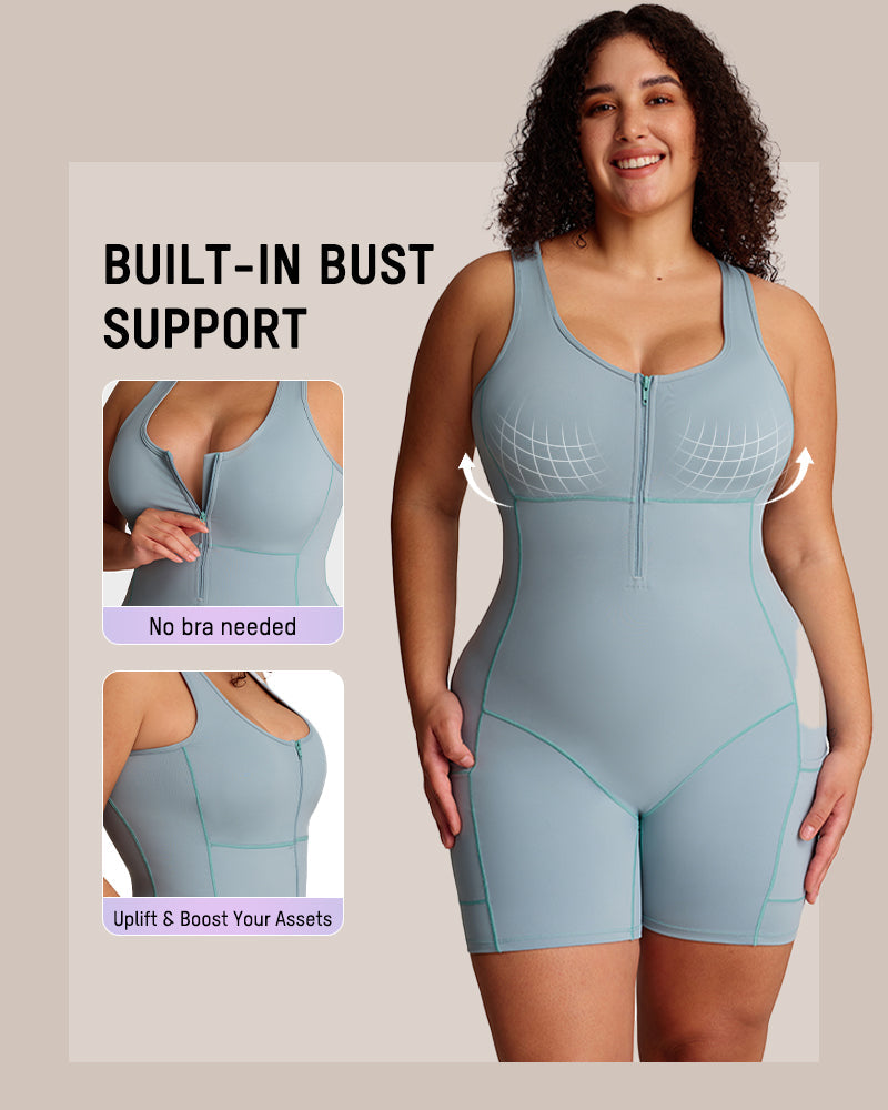 Workout romper with built-in bra and pockets