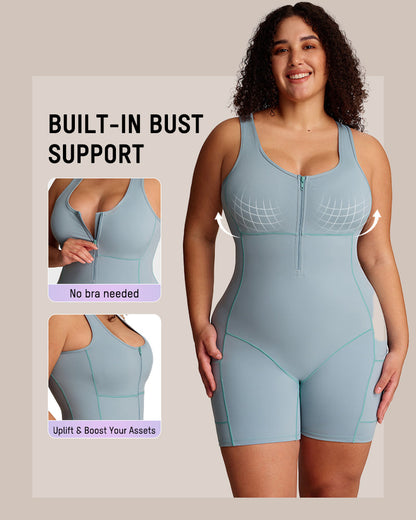 Workout romper with built-in bra and pockets