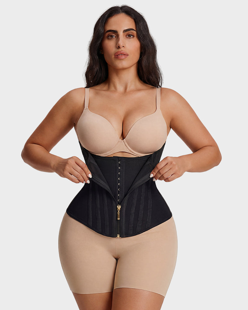 Boned waist cincher with front zip in black