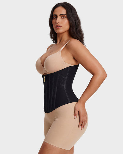 Boned waist cincher with front zip in black
